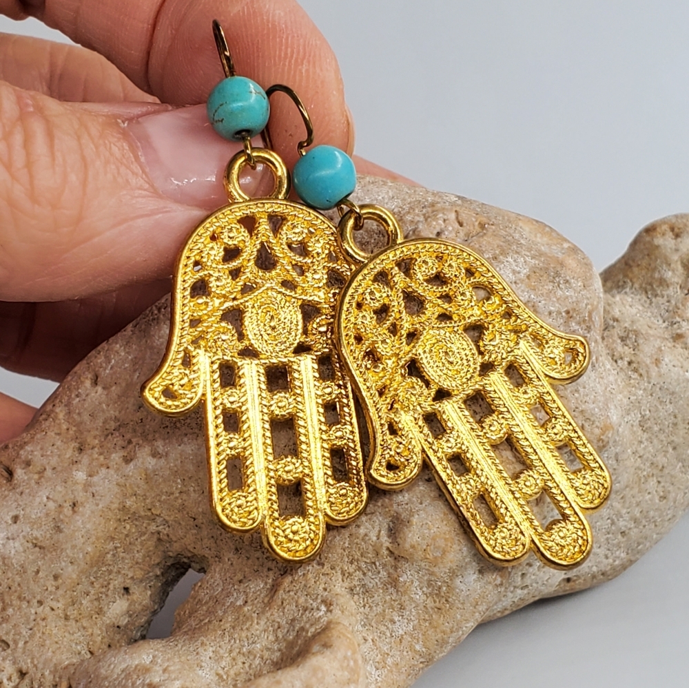 ❤️ Gold Hamsa Hand Lightweight Gold Earrings Turquoise Stone Hanukkah Gift